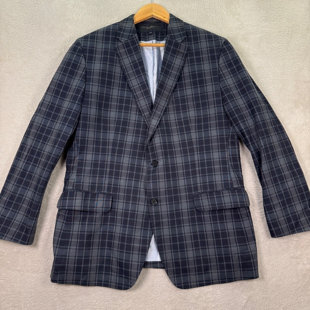 NEW Banana Republic Mens 44R Slim Tailored Fit Blazer Plaid Blue Gray Cotton